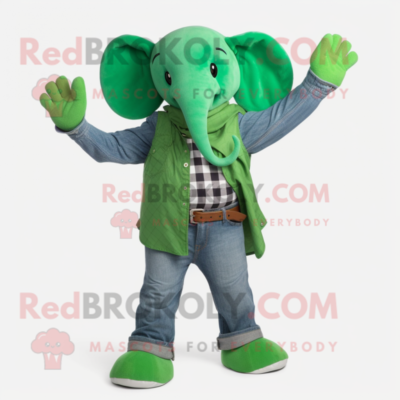 Green Elephant mascot costume character dressed with a Boyfriend Jeans and Mittens