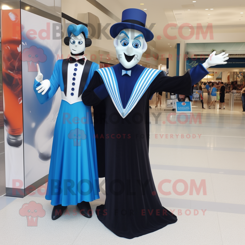 Blue Mime mascot costume character dressed with a Evening Gown and Wraps