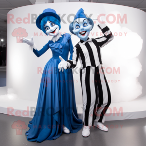 Blue Mime mascot costume character dressed with a Evening Gown and Wraps