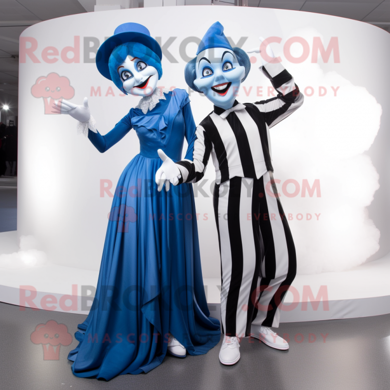 Blue Mime mascot costume character dressed with a Evening Gown and Wraps