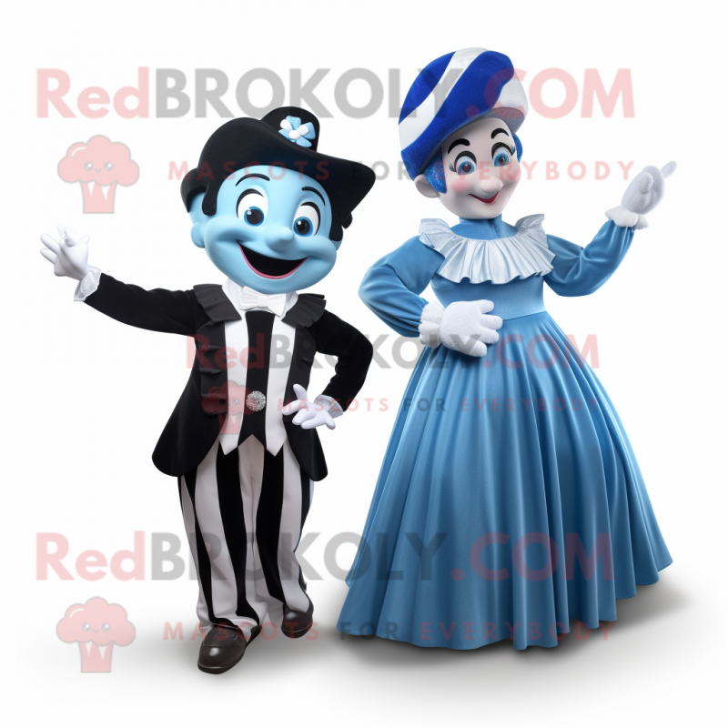 Blue Mime mascot costume character dressed with a Evening Gown and Wraps Blue Mime mascot costume character dressed with a Evening Gown and Wraps