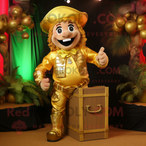 Gold Treasure Chest mascot costume character dressed with a Vest and Wraps