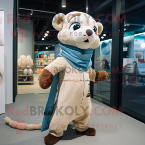 Beige Ferret mascot costume character dressed with a Jumpsuit and Scarves