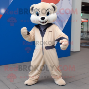 Beige Ferret mascot costume character dressed with a Jumpsuit and Scarves