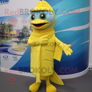 Lemon Yellow Barracuda mascot costume character dressed with a Coat and Beanies