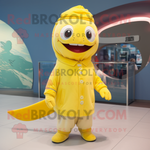 Lemon Yellow Barracuda mascot costume character dressed with a Coat and Beanies
