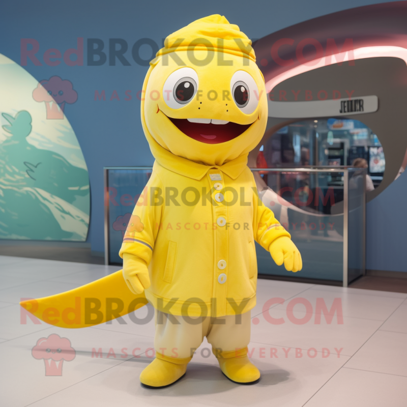 Lemon Yellow Barracuda mascot costume character dressed with a Coat and Beanies