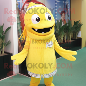 Lemon Yellow Barracuda mascot costume character dressed with a Coat and Beanies