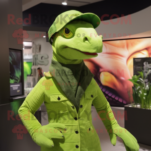 Lime Green Utahraptor mascot costume character dressed with a Turtleneck and Berets