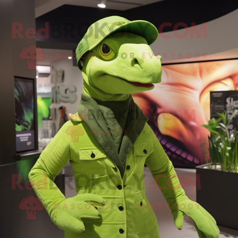 Lime Green Utahraptor mascot costume character dressed with a Turtleneck and Berets Lime Green Utahraptor mascot costume character dressed with a Turtleneck and Berets