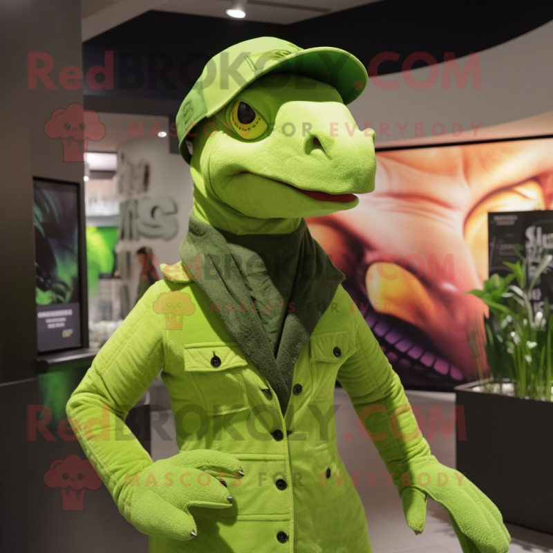 Lime Green Utahraptor mascot costume character dressed with a Turtleneck and Berets