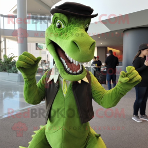 Lime Green Utahraptor mascot costume character dressed with a Turtleneck and Berets