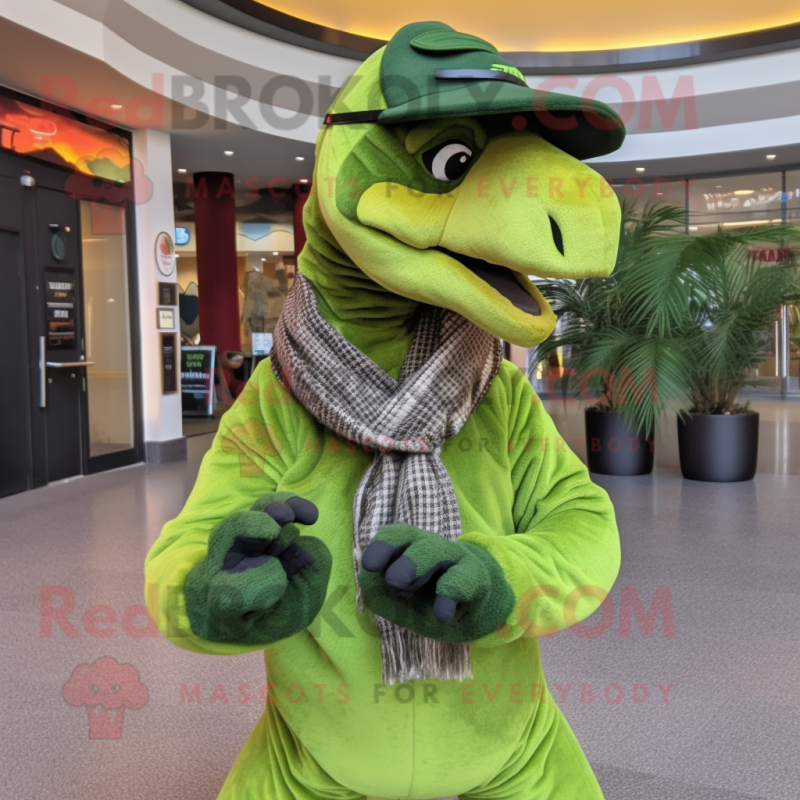 Lime Green Utahraptor mascot costume character dressed with a Turtleneck and Berets