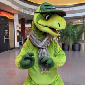 Lime Green Utahraptor mascot costume character dressed with a Turtleneck and Berets