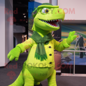 Lime Green Utahraptor mascot costume character dressed with a Turtleneck and Berets