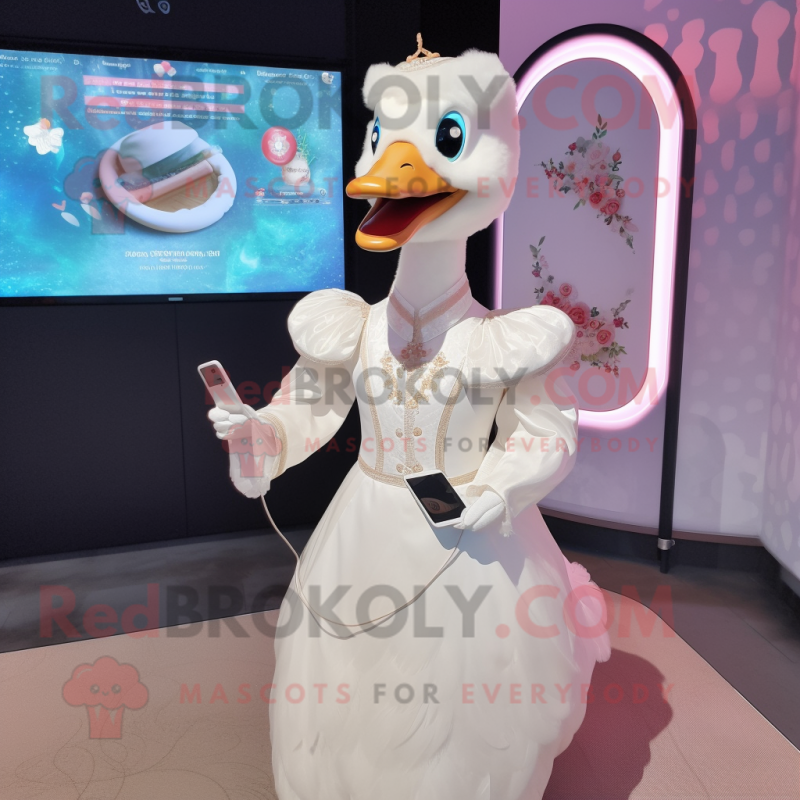 Cream Swans mascot costume character dressed with a Wedding Dress and Digital watches Cream Swans mascot costume character dressed with a Wedding Dress and Digital watches