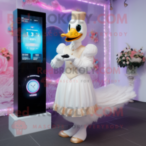 Cream Swans mascot costume character dressed with a Wedding Dress and Digital watches