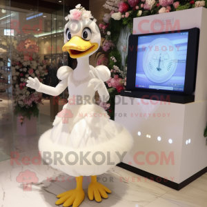 Cream Swans mascot costume character dressed with a Wedding Dress and Digital watches