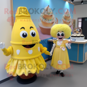 Yellow Cupcake mascot costume character dressed with a Midi Dress and Cufflinks