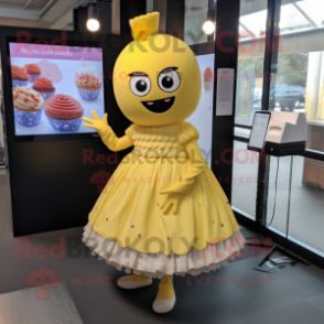 Yellow Cupcake mascot costume character dressed with a Midi Dress and Cufflinks