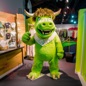 Lime Green Woolly Rhinoceros mascot costume character dressed with a T-Shirt and Tie pins