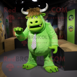 Lime Green Woolly Rhinoceros mascot costume character dressed with a T-Shirt and Tie pins