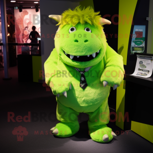 Lime Green Woolly Rhinoceros mascot costume character dressed with a T-Shirt and Tie pins