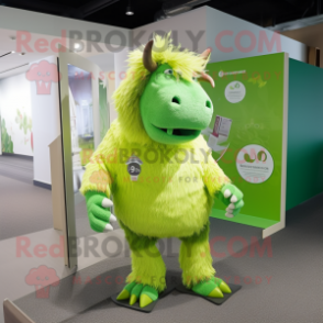 Lime Green Woolly Rhinoceros mascot costume character dressed with a T-Shirt and Tie pins