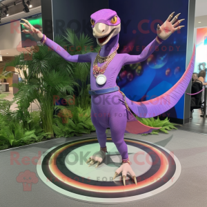 Purple Dimorphodon mascot costume character dressed with a Circle Skirt and Bracelets