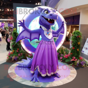 Purple Dimorphodon mascot costume character dressed with a Circle Skirt and Bracelets