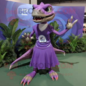 Purple Dimorphodon mascot costume character dressed with a Circle Skirt and Bracelets