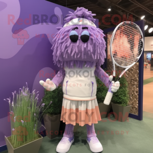 Lavender Tennis Racket mascot costume character dressed with a Trousers and Hair clips