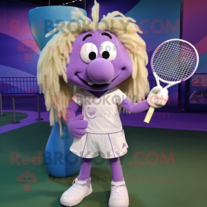 Lavender Tennis Racket mascot costume character dressed with a Trousers and Hair clips