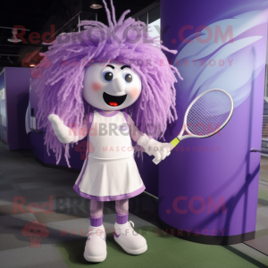 Lavender Tennis Racket mascot costume character dressed with a Trousers and Hair clips