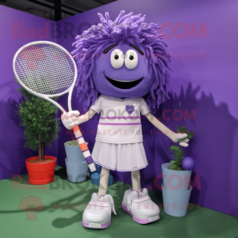 Lavender Tennis Racket mascot costume character dressed with a Trousers and Hair clips