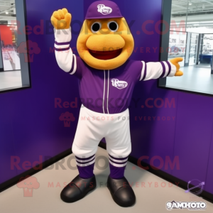 Purple Baseball Glove mascot costume character dressed with a Turtleneck and Messenger bags