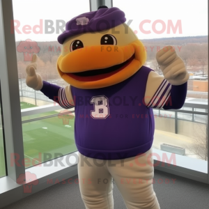 Purple Baseball Glove mascot costume character dressed with a Turtleneck and Messenger bags