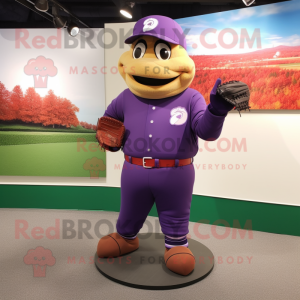 Purple Baseball Glove mascot costume character dressed with a Turtleneck and Messenger bags