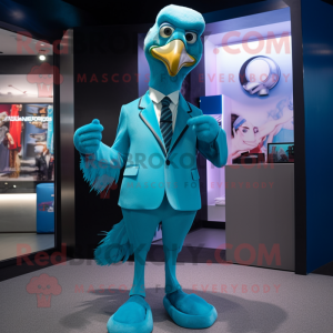 Cyan Dodo Bird mascot costume character dressed with a Suit Pants and Rings