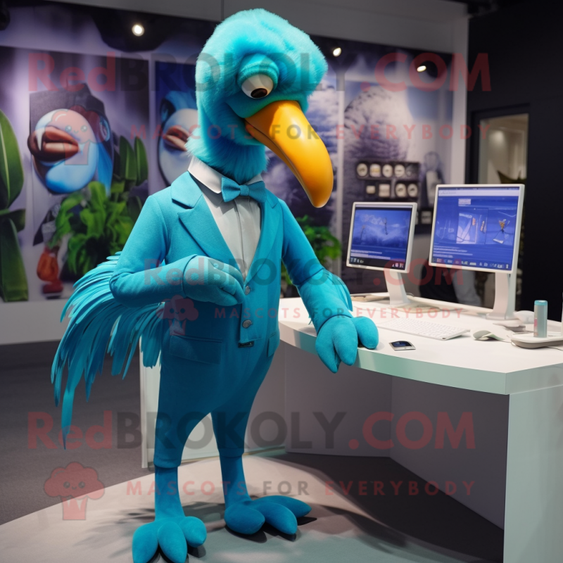 Cyan Dodo Bird mascot costume character dressed with a Suit Pants and Rings