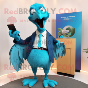 Cyan Dodo Bird mascot costume character dressed with a Suit Pants and Rings