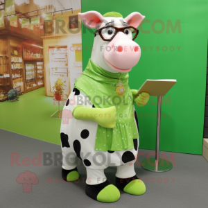 Lime Green Holstein Cow mascot costume character dressed with a Pencil Skirt and Reading glasses
