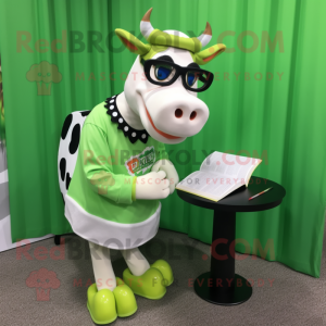 Lime Green Holstein Cow mascot costume character dressed with a Pencil Skirt and Reading glasses