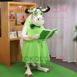 Lime Green Holstein Cow mascot costume character dressed with a Pencil Skirt and Reading glasses