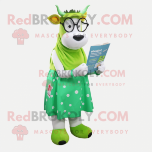 Lime Green Holstein Cow mascot costume character dressed with a Pencil Skirt and Reading glasses
