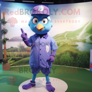 Lavender Blue Jay mascot costume character dressed with a Polo Shirt and Berets