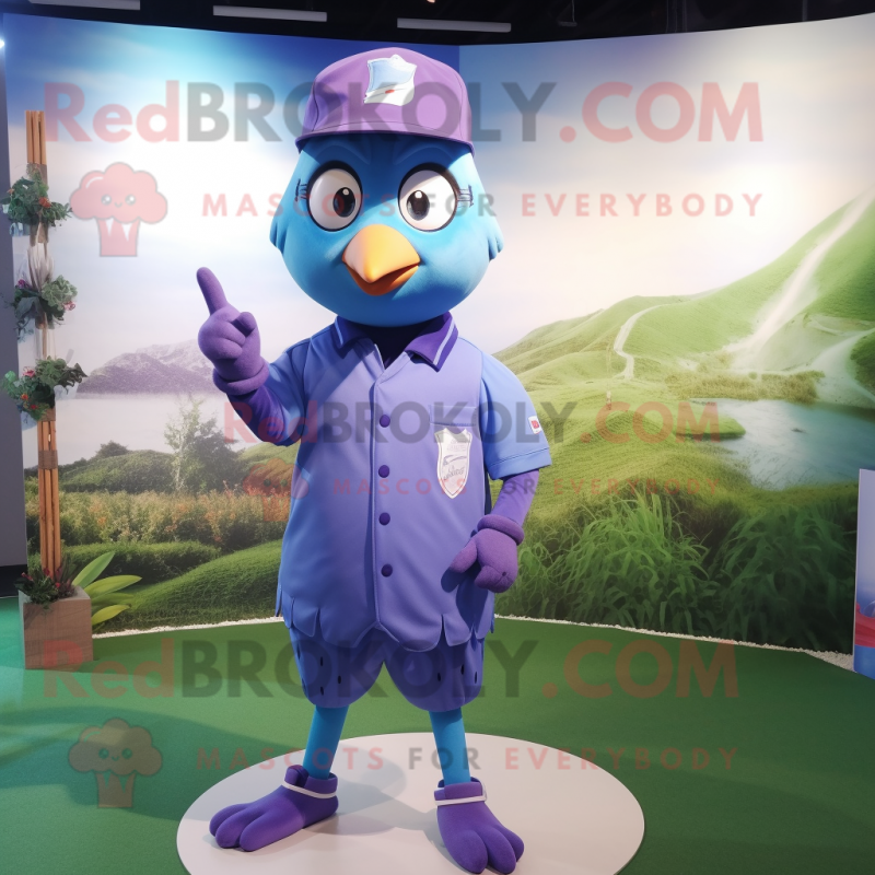 Lavender Blue Jay mascot costume character dressed with a Polo Shirt and Berets