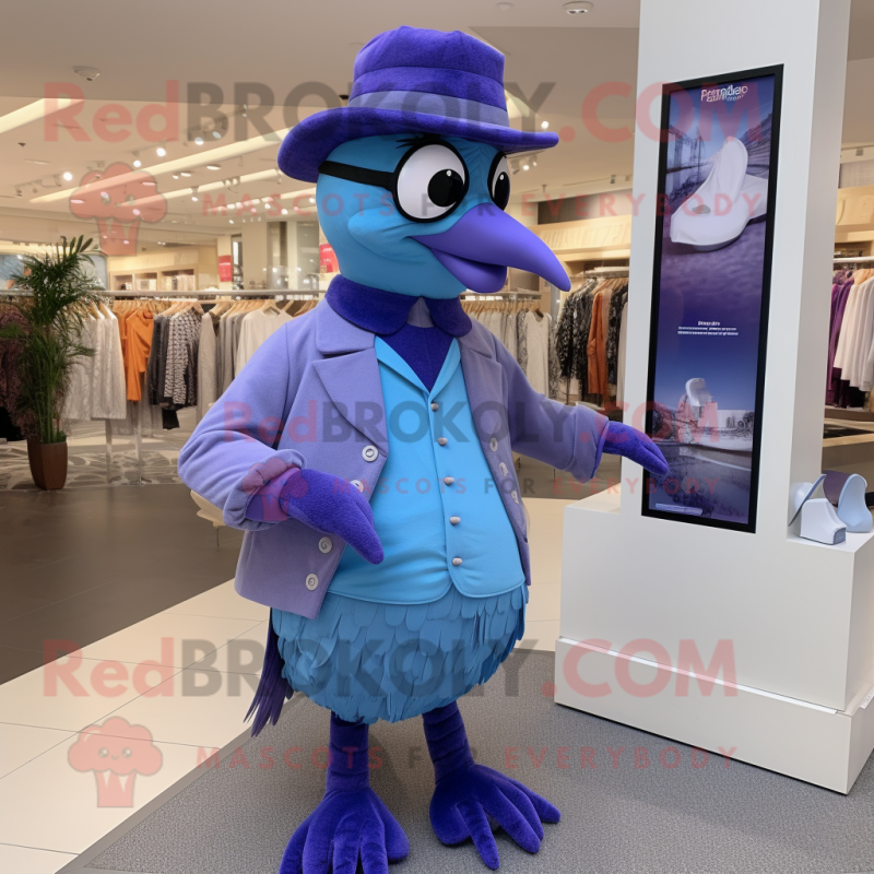 Lavender Blue Jay mascot costume character dressed with a Polo Shirt and Berets Lavender Blue Jay mascot costume character dressed with a Polo Shirt and Berets