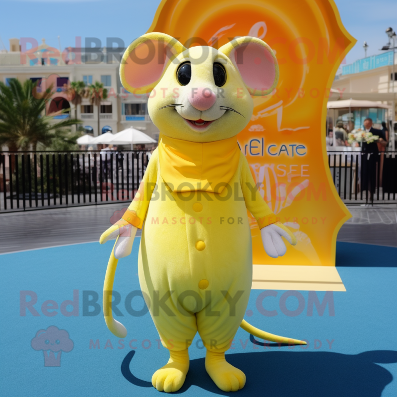 Lemon Yellow Ratatouille mascot costume character dressed with a One-Piece Swimsuit and Earrings Lemon Yellow Ratatouille mascot costume character dressed with a One-Piece Swimsuit and Earrings