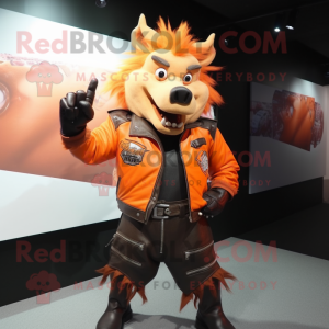 Orange Wild Boar mascot costume character dressed with a Biker Jacket and Clutch bags